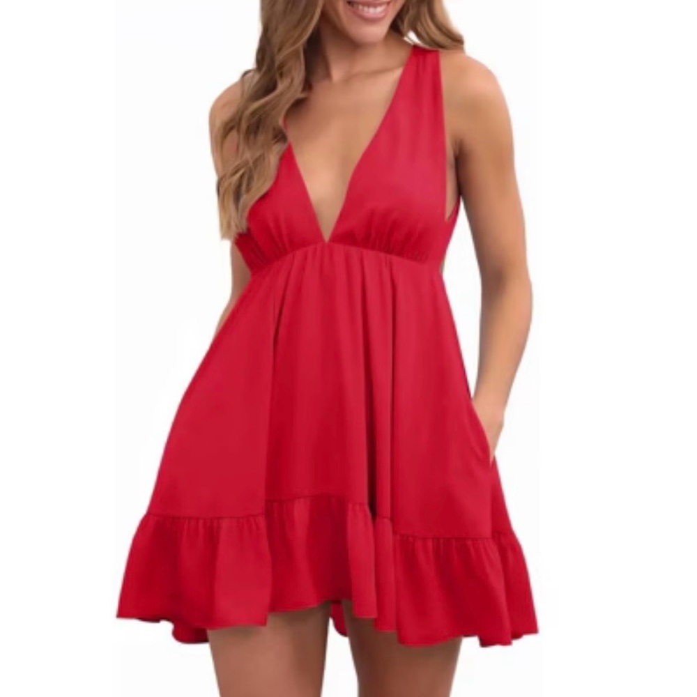 Imily Bela Women’s Summer Red Deep V-Neck Mini Backless Ruffle Dress NWOT